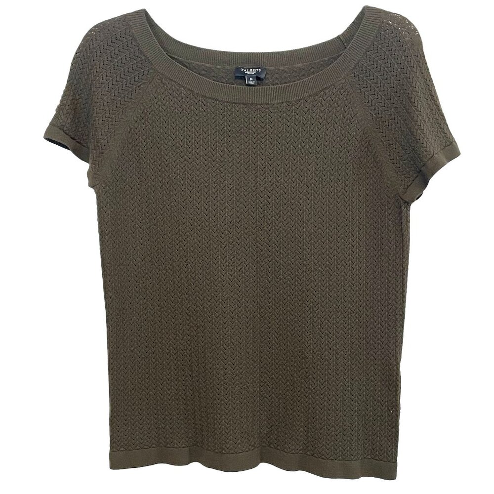 Talbots Olive Green Herringbone Pointelle Short Sleeve Sweater Size Petite Med